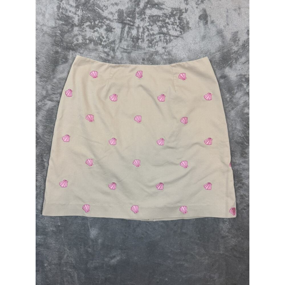 Lilly Pulitzer Women's Khaki Lined Skirt Pink Shells Embroidered Sz 6 Preppy